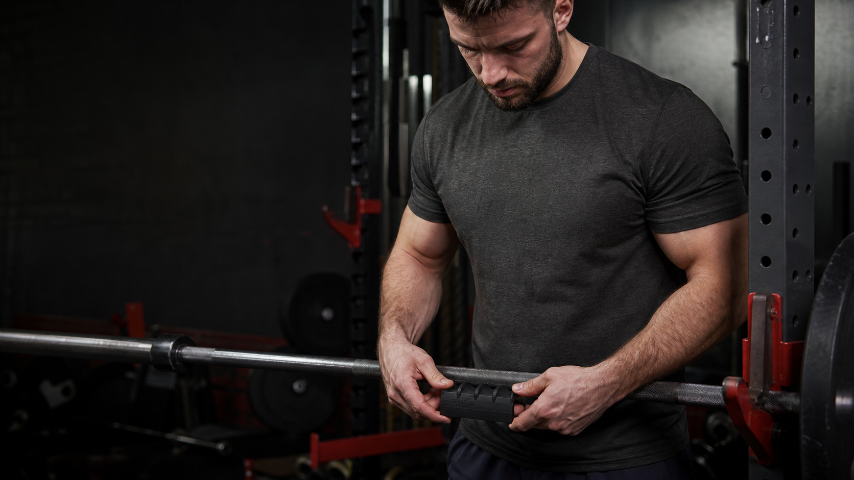 Lifter placing Marvel Grip on a barbell